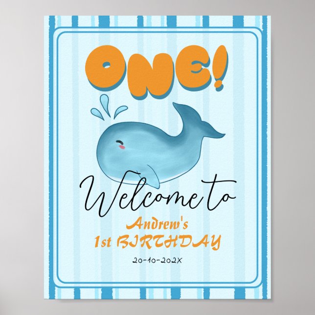 Póster Cute Baby Blue Whale 1st Birthday Welcome Sign (Frente)