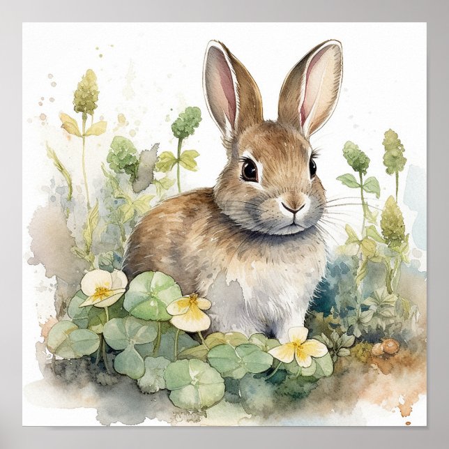Póster Cute Baby Bunny Rabbit Watercolor (Frente)