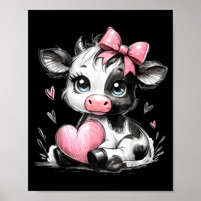 Póster Cute Baby Cow With Nk Coquette Bow Holding Heart  (Frente)