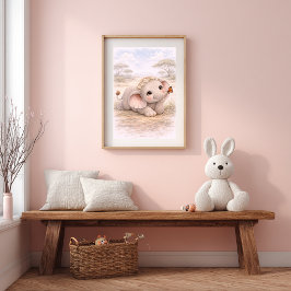 Póster Cute Baby Elephant & Butterfly Nursery Room Kids