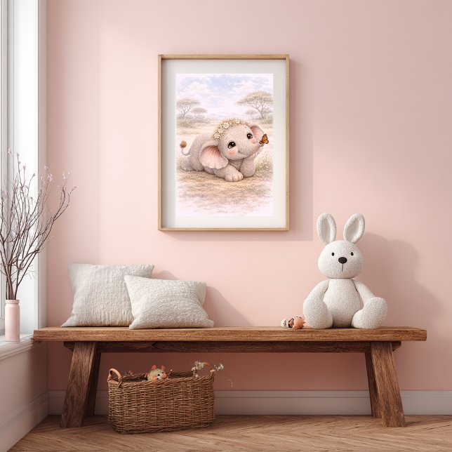 Póster Cute Baby Elephant & Butterfly Nursery Room Kids (Subido por el creador)