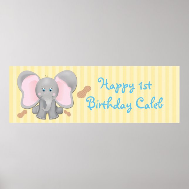 Póster Cute Baby Elephant & Peanuts Cumpleaños Banner (Frente)