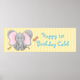 Póster Cute Baby Elephant & Peanuts Cumpleaños Banner de 