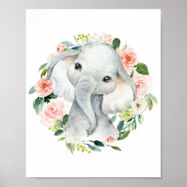Póster Cute Baby Girl Elephant Floral