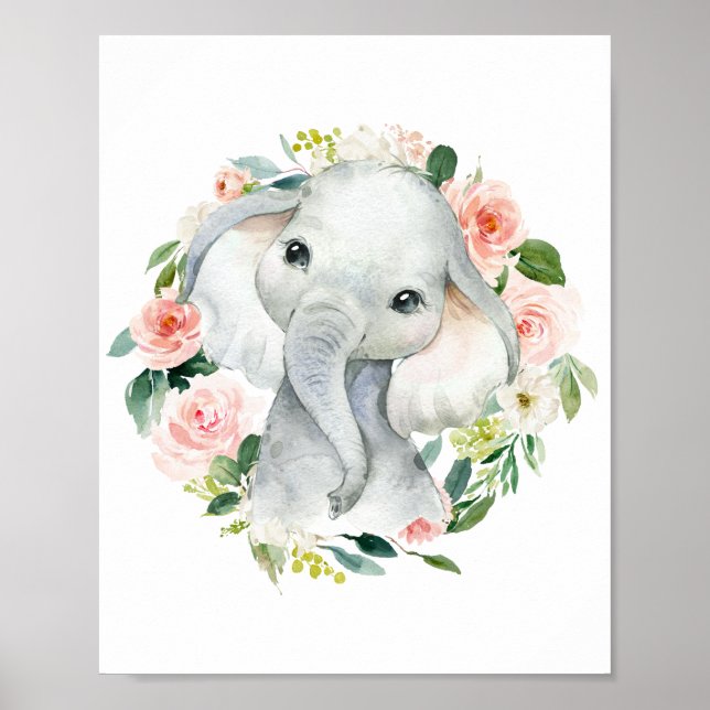 Póster Cute Baby Girl Elephant Floral (Frente)