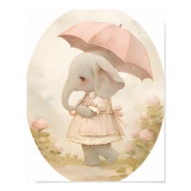 Cute Baby Girl Elephant in Rain Nursery Wall Art