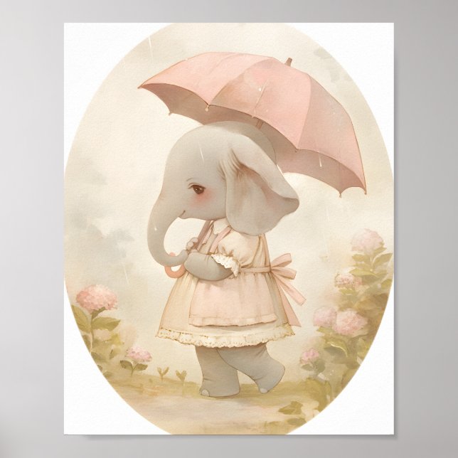 Póster Cute Baby Girl Elephant in Rain Nursery Wall Art (Frente)