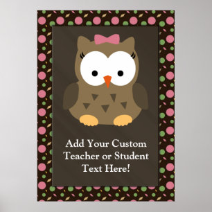 Póster Cute Baby Girl Owl with Pink Bow