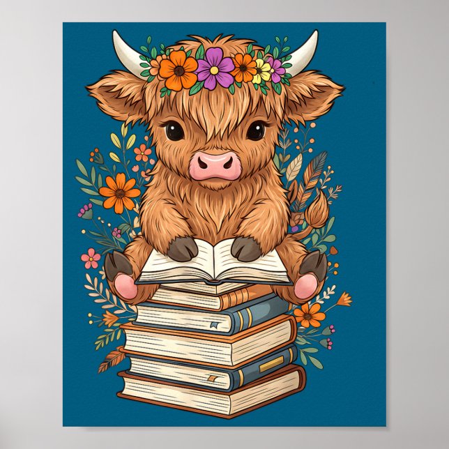 Póster Cute Baby Highland Cow Reading Book Librarian Book (Frente)