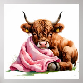 Póster Cute Baby Highland Cow with Flowers