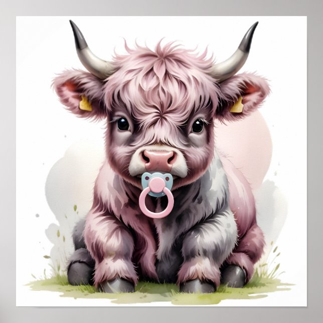 Póster Cute Baby Highland Cow with Flowers – Farm Nursery (Frente)