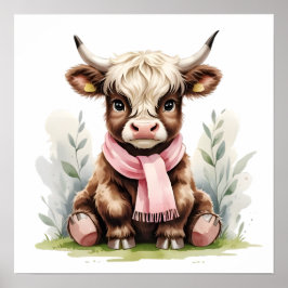 Póster Cute Baby Highland Cow with Flowers – Farm Nursery