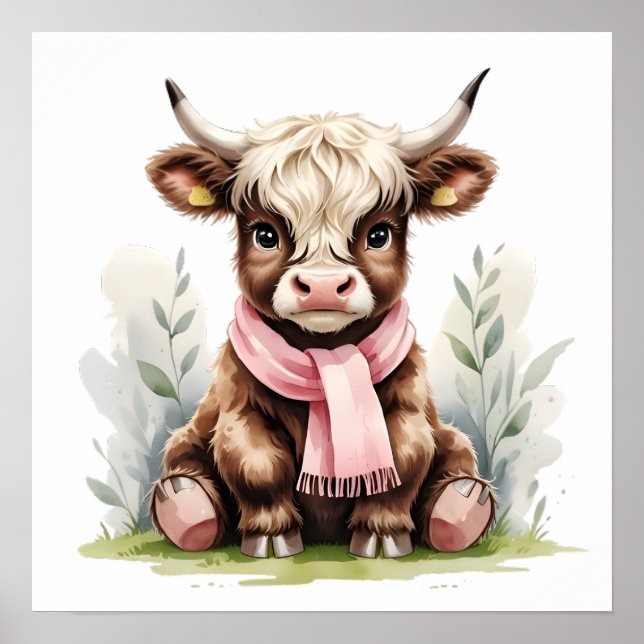 Póster Cute Baby Highland Cow with Flowers – Farm Nursery (Frente)