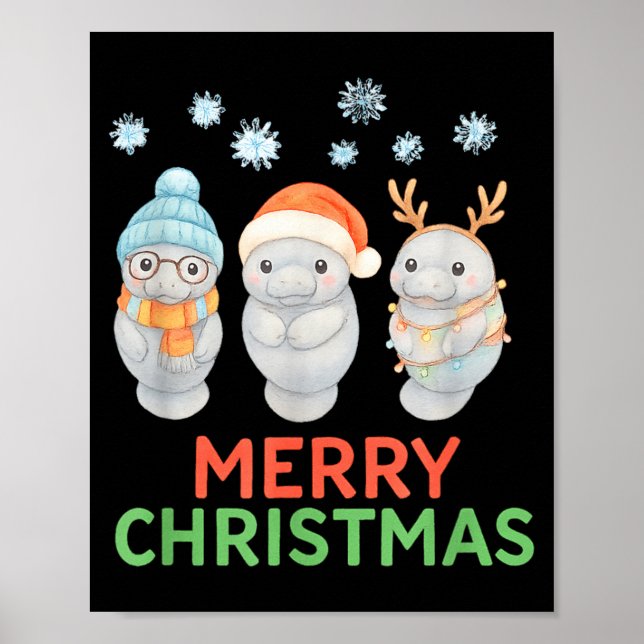 Póster Cute Baby Manatee Santa Reindeer Christmas Manatee (Frente)