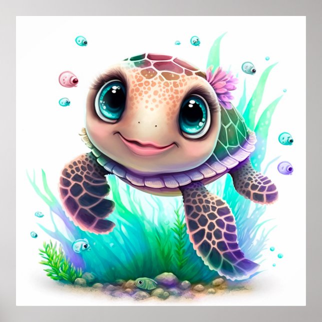 Póster Cute Baby Sea Turtle Illustration – Adorable Ocean (Frente)