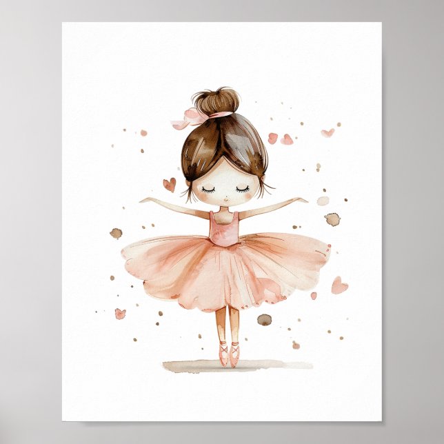 Póster Cute Ballerina Ballet Dance Love Hearts Watercolor (Frente)