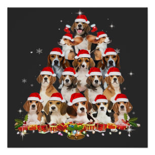 Póster Cute Beagles árbol de Navidad perro Santa camiseta