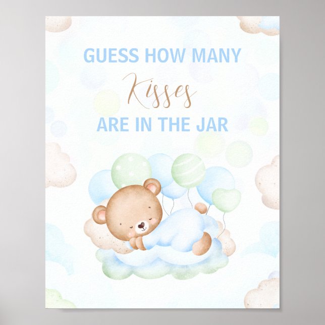 Póster Cute Bear Boy Baby Shower Cuántos Besos Rótulo (Frente)