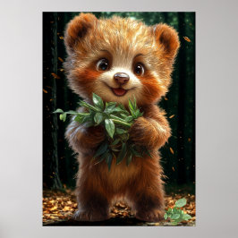 Póster Cute Bear Cub with Greenery