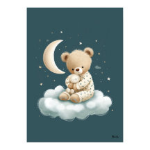 Cute Bear on Cloud Nursery Bedtime Wall Art