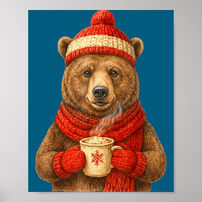 Póster Cute Bear With Santa Hat Coffee Lover Funny Winter (Frente)