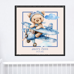 Póster Cute bebé oso y juguete avión Nursery Wall Art