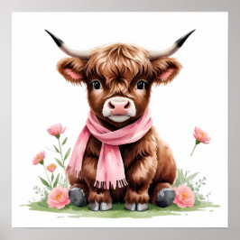 Póster Cute bebé, vaca de la región montañosa con flores