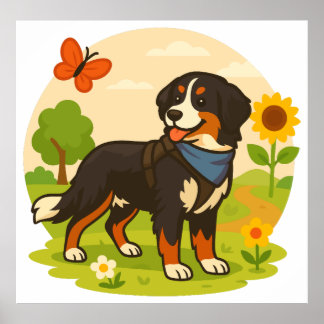 Póster Cute Bernese Mountain Dog with Sunflower & Butterf