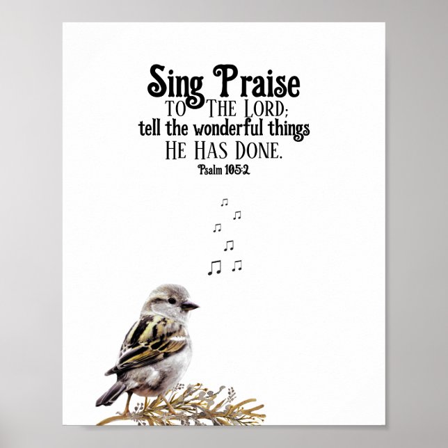 Póster Cute Bird Canta Music Notes Psalm Bible Verse (Frente)