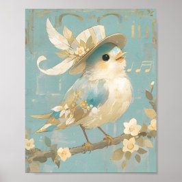 Póster Cute Bird Singing Vintage Watercolor Christmas Art