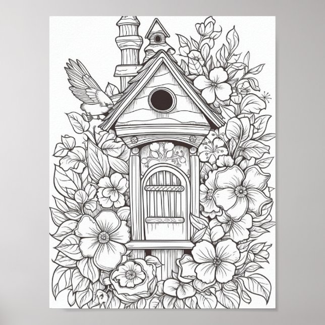 Póster Cute Birdhouse Coloración para adultos (Frente)