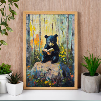 Póster Cute Black Bear Reading a Book Poster
