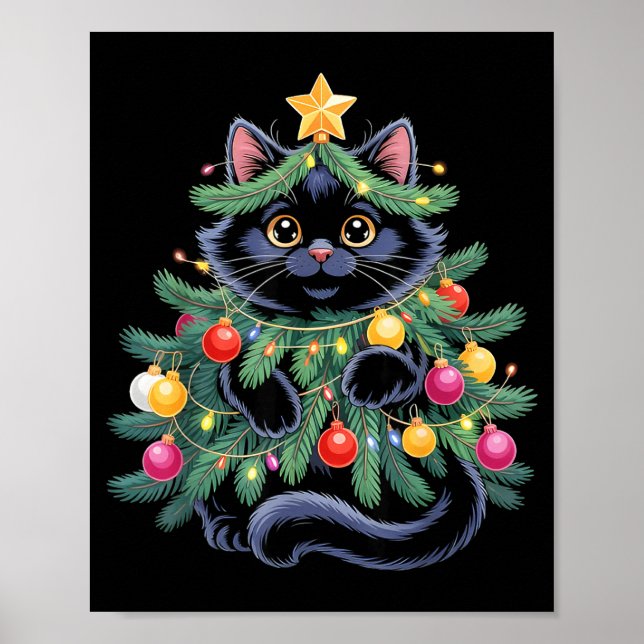 Póster Cute Black Cat Christmas Tree Funny Kitten Lover X (Frente)