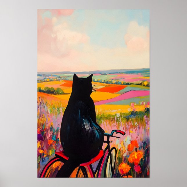 Póster Cute Black Cat Enjoying Nature with Bicycle  (Frente)