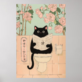 Póster Cute Black Cat Reading in Bathroom