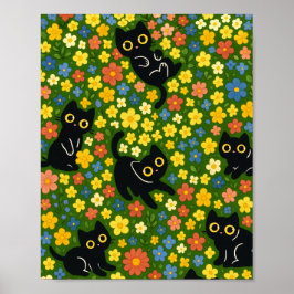 Póster Cute Black Cats Floral Meadow Pattern