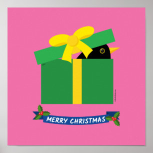 Póster Cute Blackbird Buscando En Una Caja De Regalo