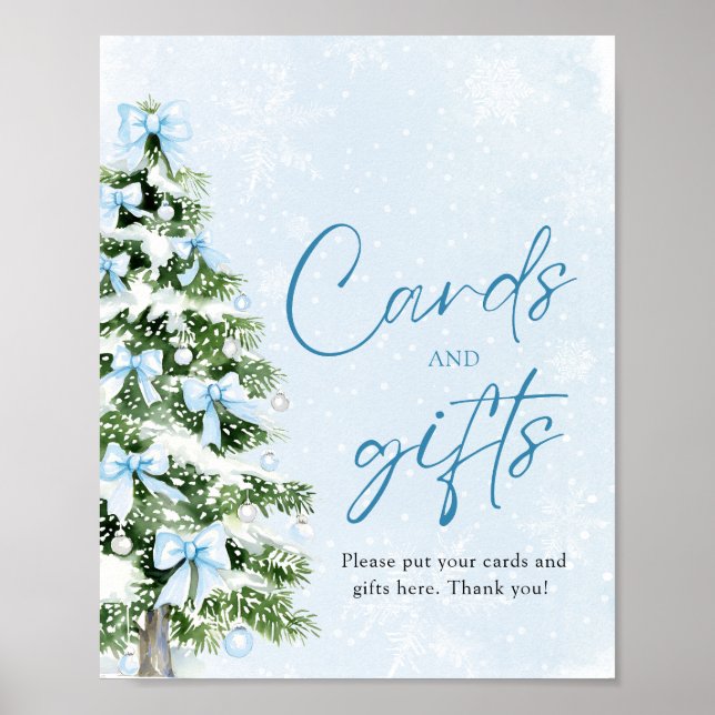 Póster Cute Blue Bows Christmas Tree Cards and Gifts Sign (Frente)