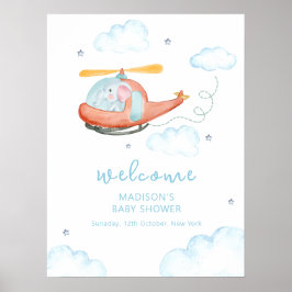 Póster Cute Blue Elephant Helicopter Baby Shower Welcome
