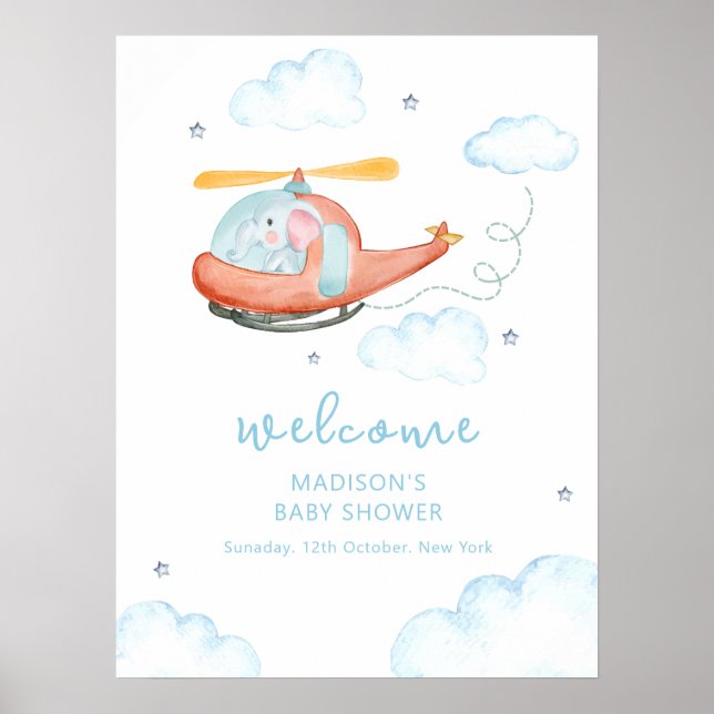 Póster Cute Blue Elephant Helicopter Baby Shower Welcome  (Frente)