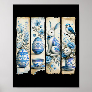 Póster Cute Blue Jay Easter Bunny Eggers Flores Ripped Pa
