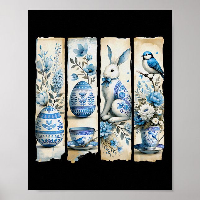 Póster Cute Blue Jay Easter Bunny Eggers Flores Ripped Pa (Frente)