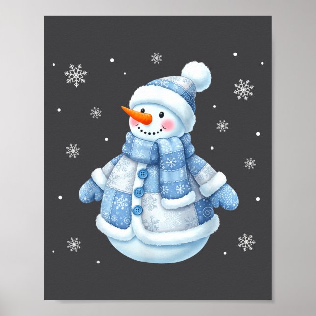 Póster Cute Blue Snowman With Snowflakes Winter Christmas (Frente)