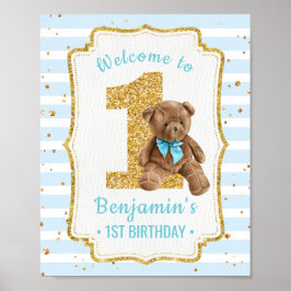 Póster Cute Blue Strips Teddy Bear 1st Birthday Poster
