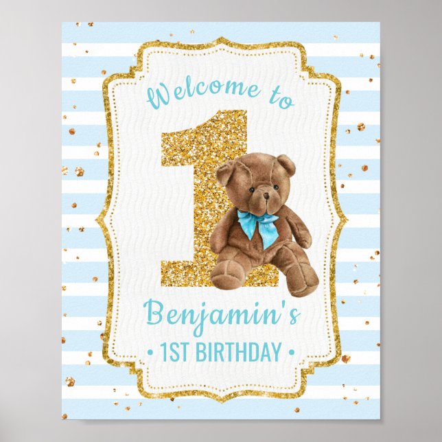 Póster Cute Blue Strips Teddy Bear 1st Birthday Poster