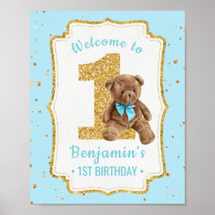 Póster Cute Blue Teddy Bear Primer Poster de cumpleaños