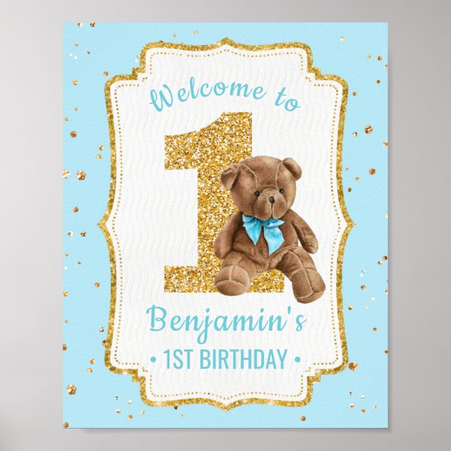 Póster Cute Blue Teddy Bear Primer Poster de cumpleaños (Frente)