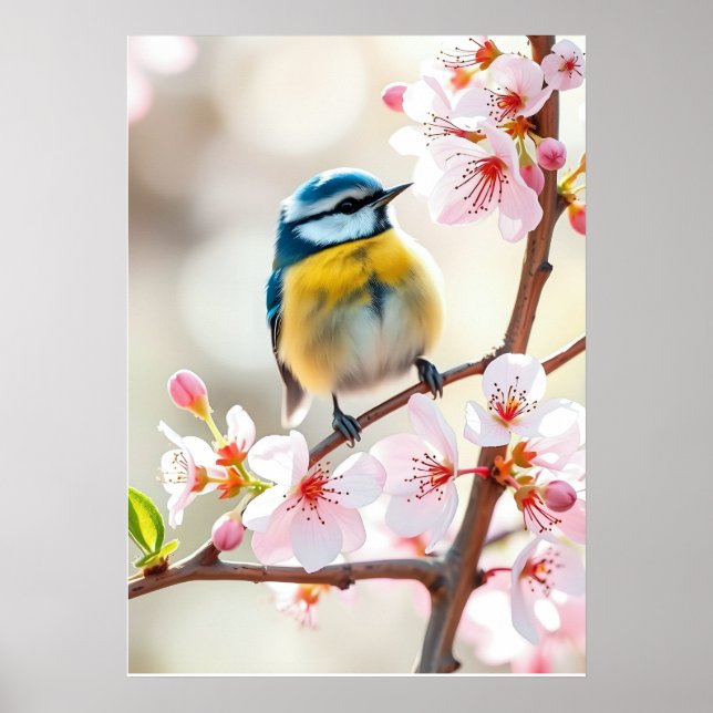 Póster Cute Blue Tit Bird on Spring Blooming Apple Tree   (Frente)