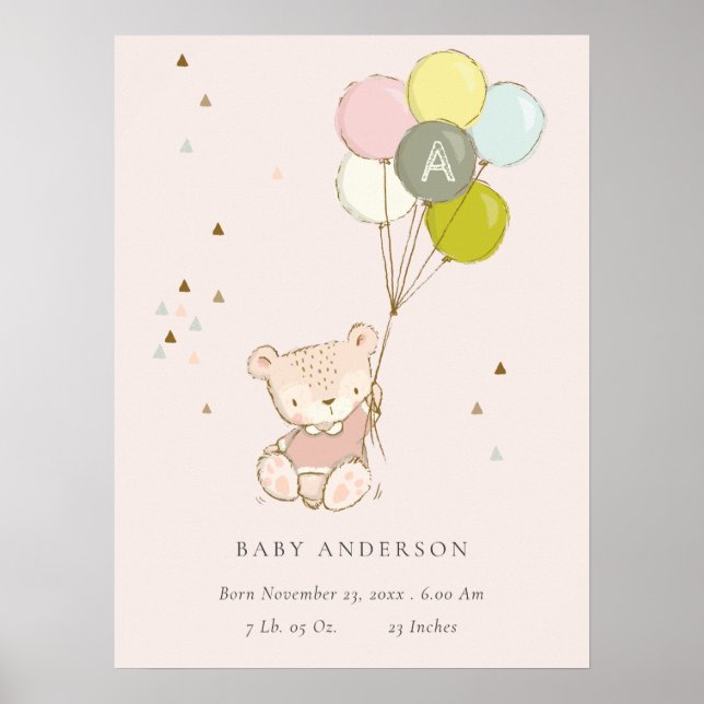 Póster Cute Blush Bear Balloon Monograma Bebé Niña (Frente)