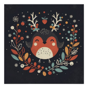 Póster Cute Boho Autumn Robin wreath Wall Decal